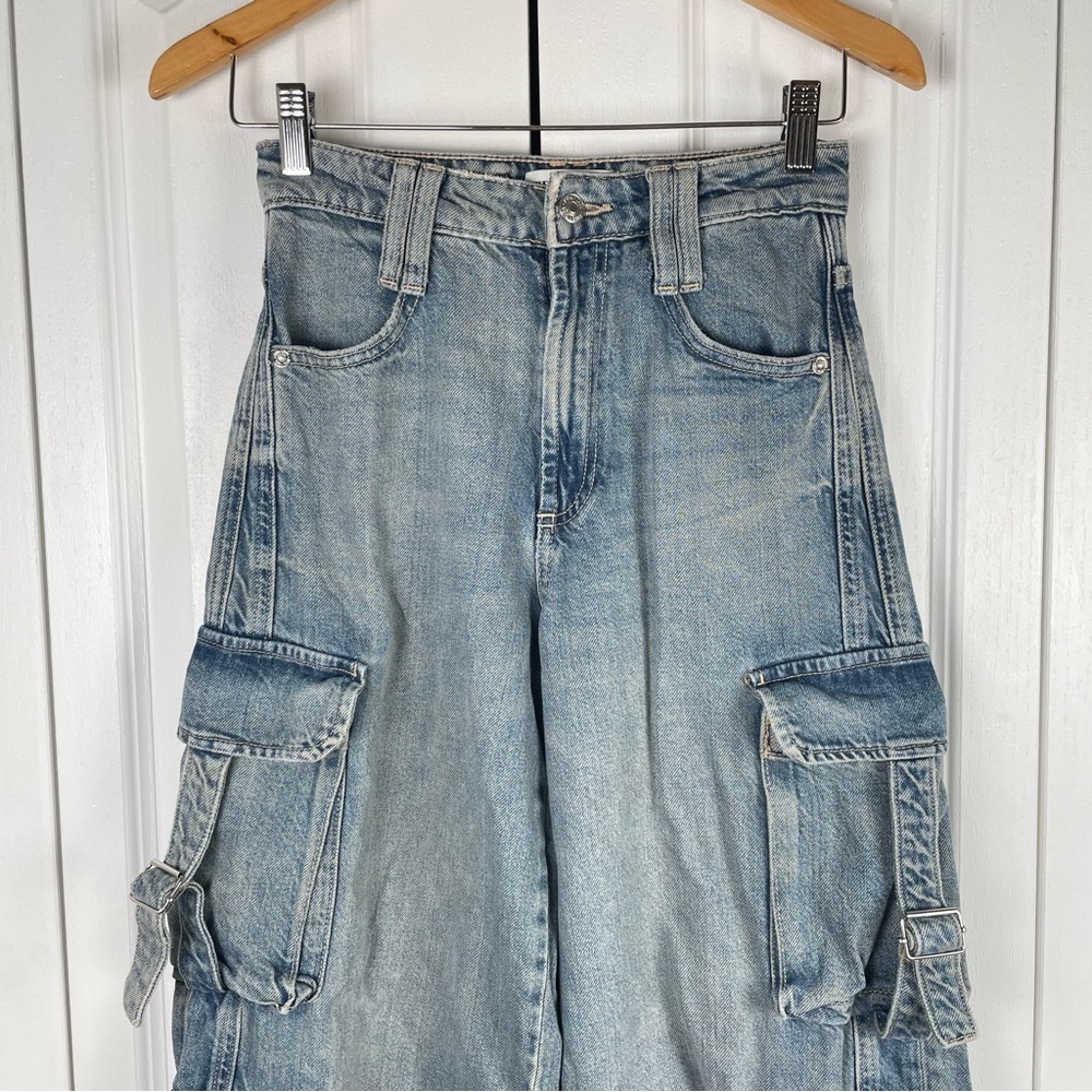 Zara Barrel Baggy Jeans Women’s 0 Blue Faded Utility Cargo Multipocket Y2K - Picture 2 of 16